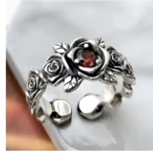 Silver Red zirconia Decor Rose Flower Thorns Open Ring